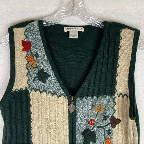 Allison Daley Cardigan Women’s Green Tan Sleeveless Fall Autumn Embroidered S - Picture 3 of 8